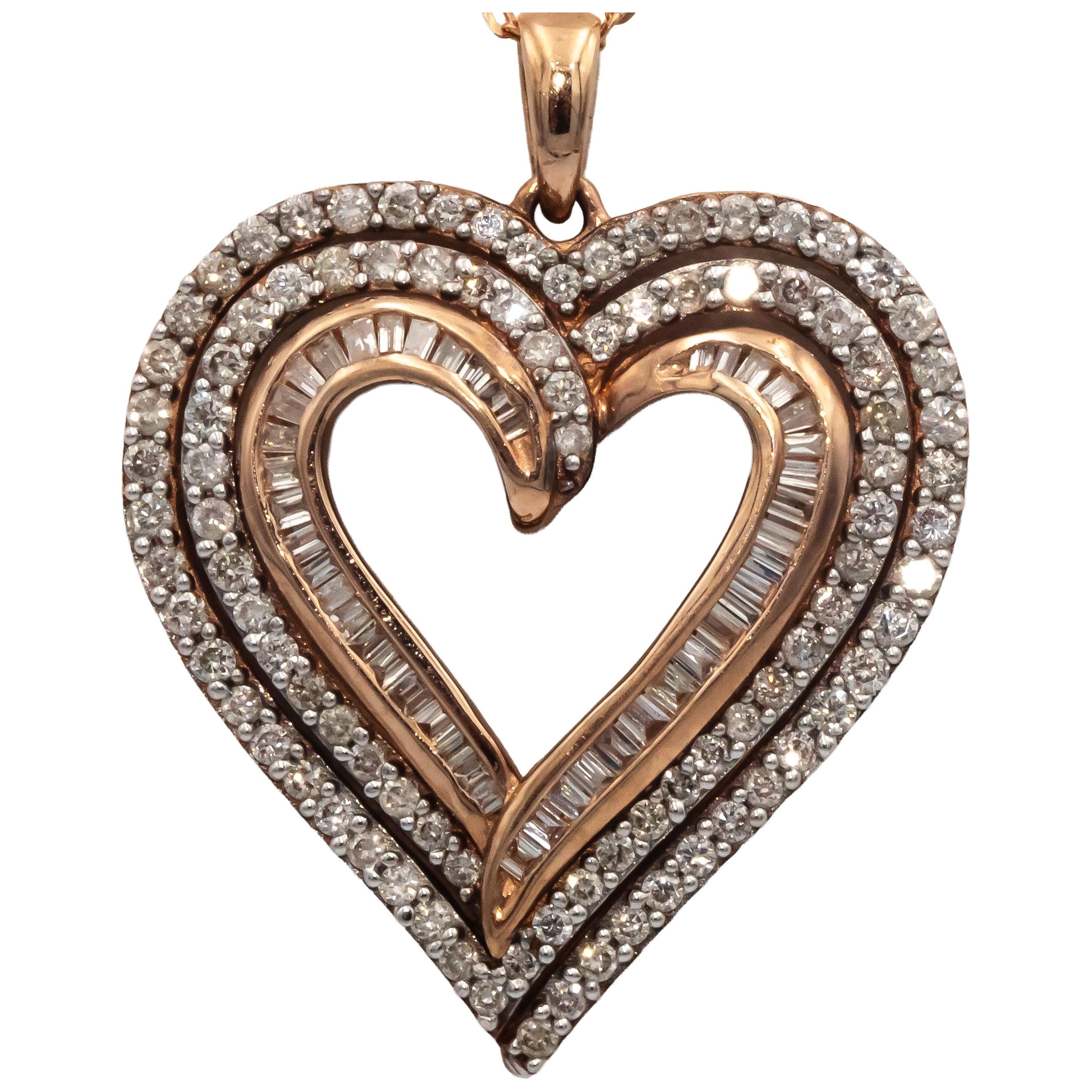 10k Rose Gold Round and Baguette Diamond Open Heart Pendant Chain Necklace 1.0CT