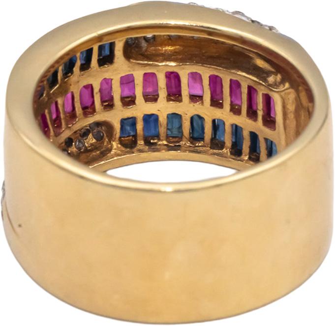 14k Yellow Gold 2.20CT Diamond Ruby Sapphire Wide Band Ring Size 8.5