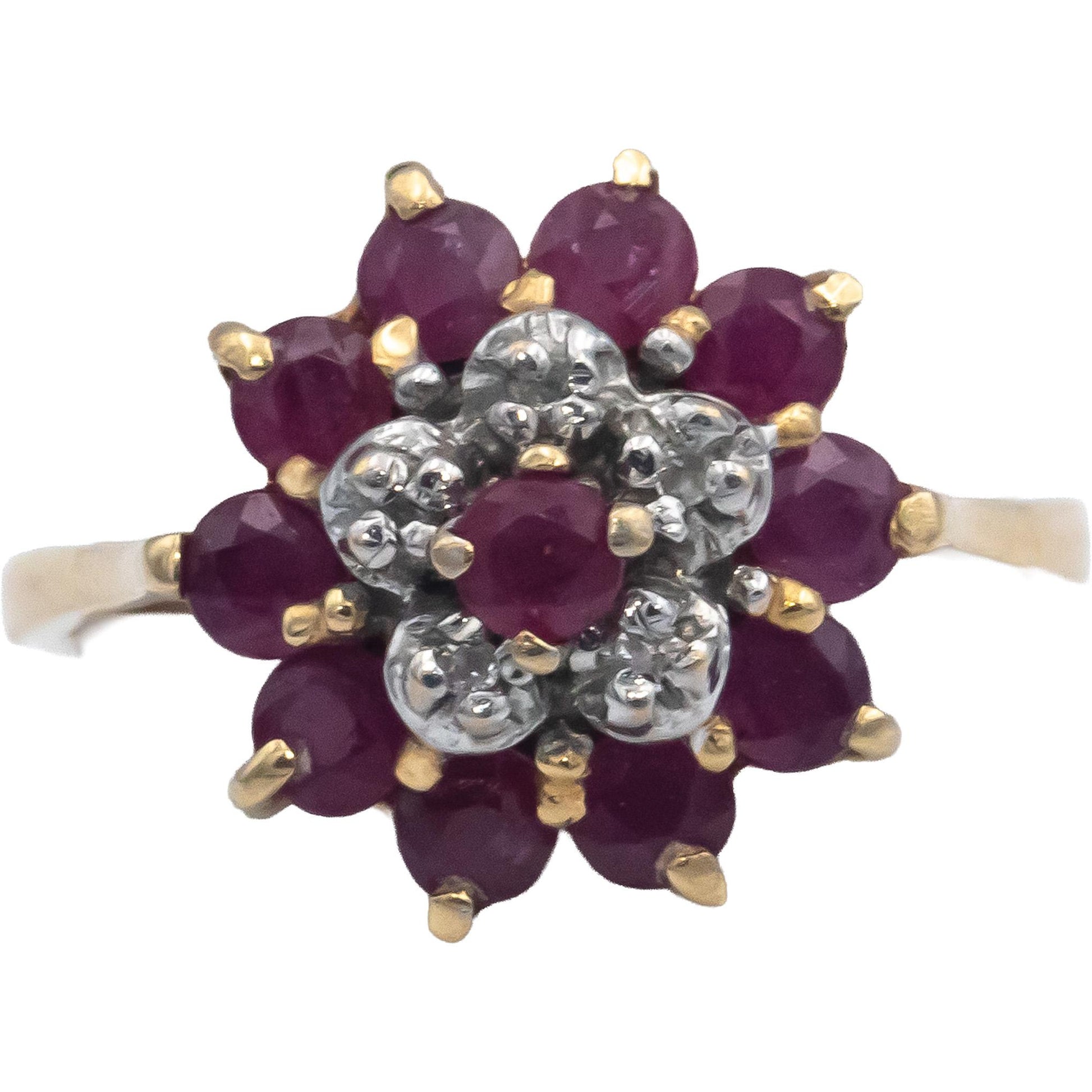 14k Yellow Gold 0.52CT Diamond and Ruby Cluster Cocktail Ring Size 5