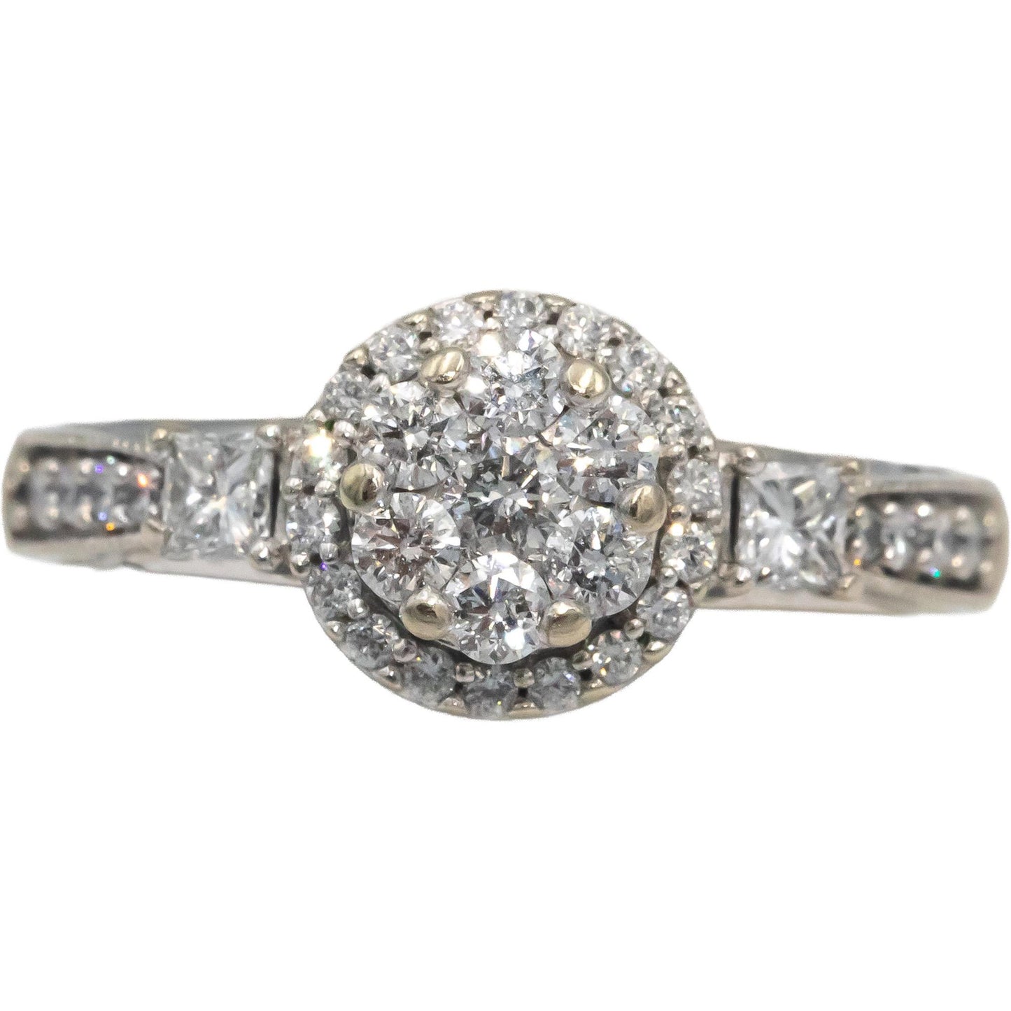 10k White Gold Princess & Round VS Diamond Cluster Ring 0.70CT Size 7.5