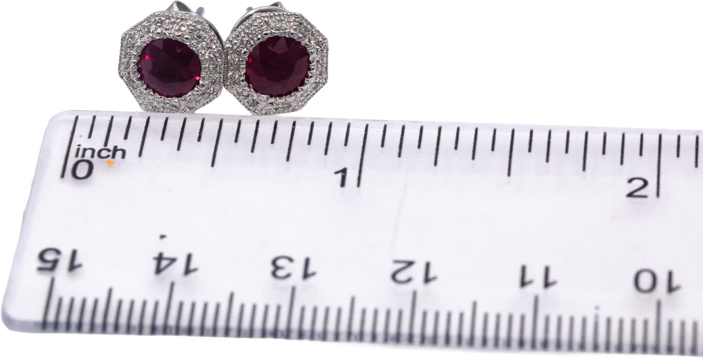 CGL Certified 14k White Gold Natural Ruby & Diamond Stud Earrings 2.19CTW