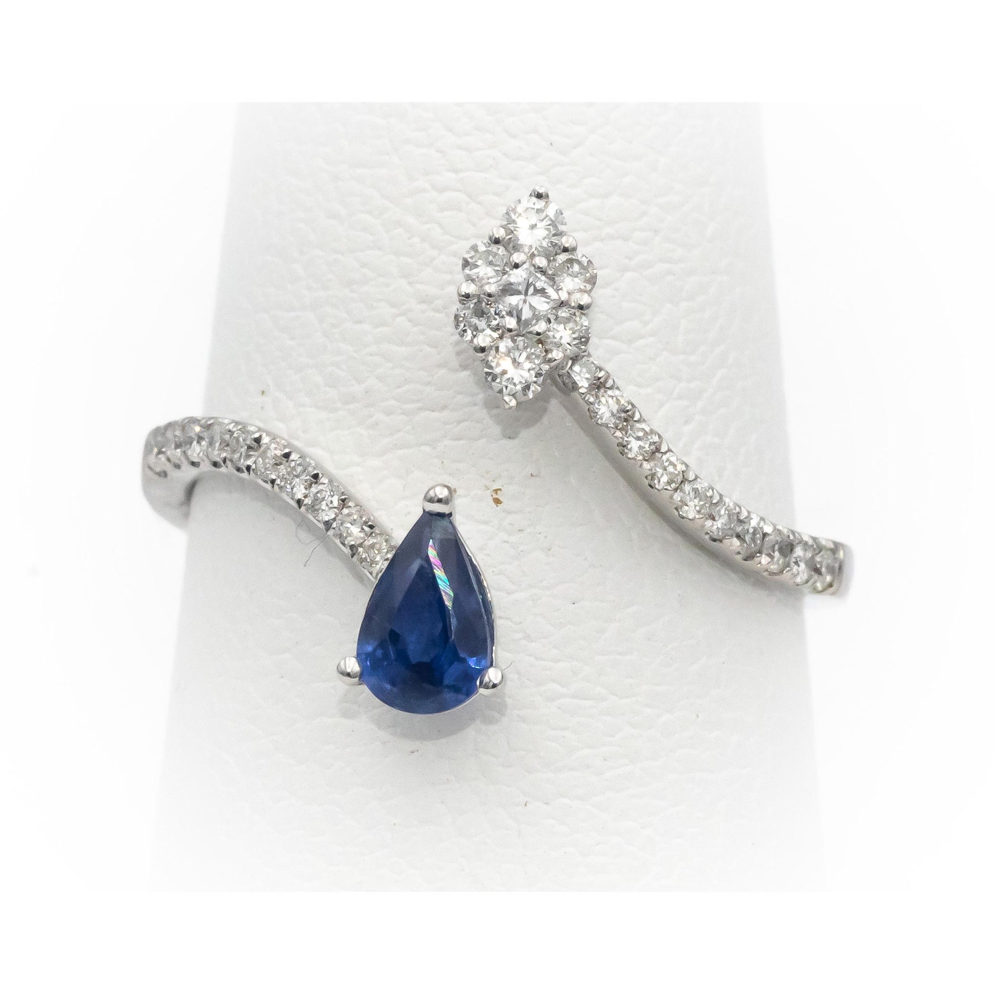 18k White Gold Pear Cut Sapphire & Round Diamond Bypass Ring 0.75CT Size 7.5