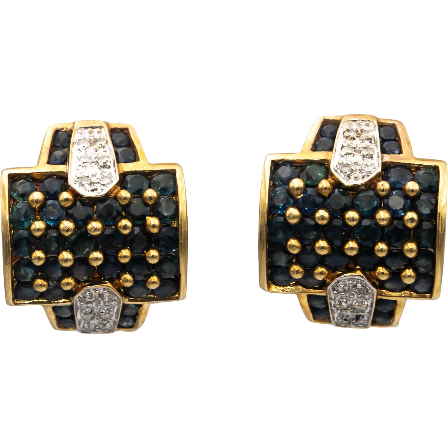 14k Yellow & White Gold Round Diamond & Blue Sapphire Cluster Earrings 2.70CT