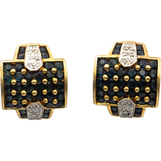 14k Yellow & White Gold Round Diamond & Blue Sapphire Cluster Earrings 2.70CT