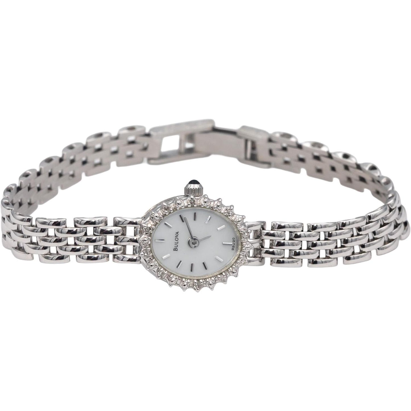BULOVA 14k White Gold Ladies Quartz Watch w/ 10 Small Diamond Accents Box Papers