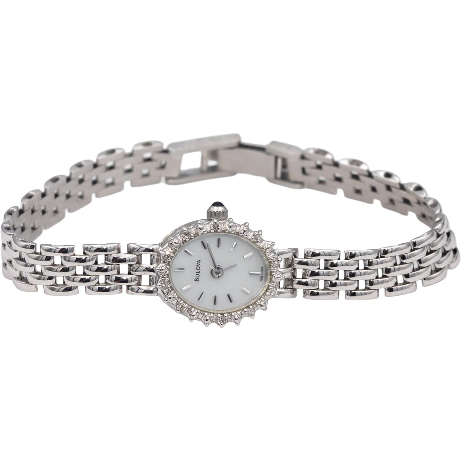 BULOVA 14k White Gold Ladies Quartz Watch w/ 10 Small Diamond Accents Box Papers