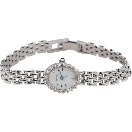 BULOVA 14k White Gold Ladies Quartz Watch w/ 10 Small Diamond Accents Box Papers