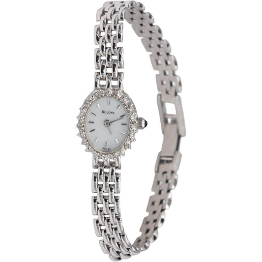 BULOVA 14k White Gold Ladies Quartz Watch w/ 10 Small Diamond Accents Box Papers
