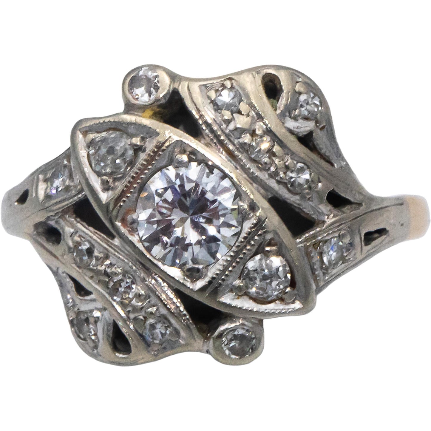 14k Yellow & White Gold Round Diamond Cocktail Ring 0.50CT w/ 0.40CT Center