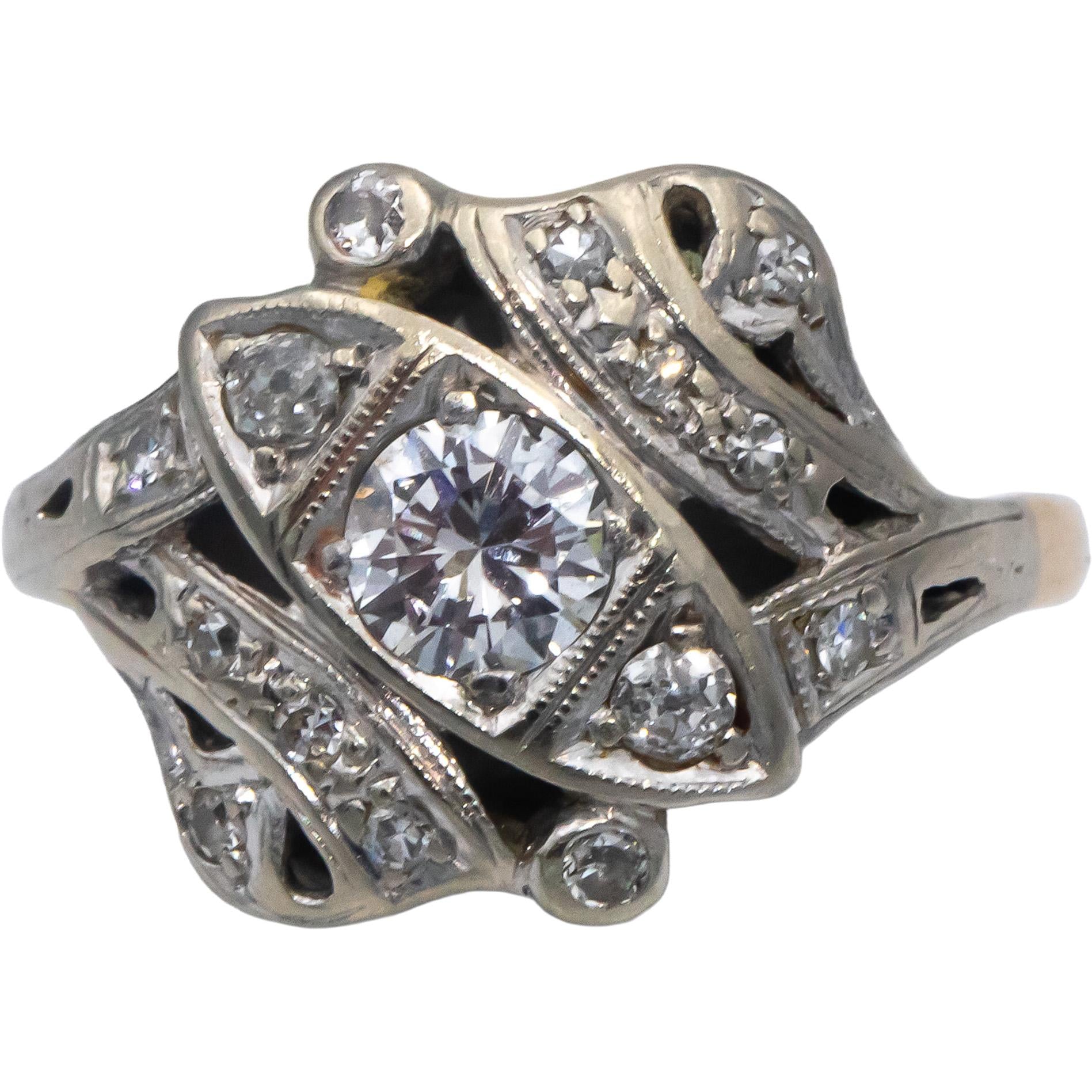 14k Yellow & White Gold Round Diamond Cocktail Ring 0.50CT w/ 0.40CT Center