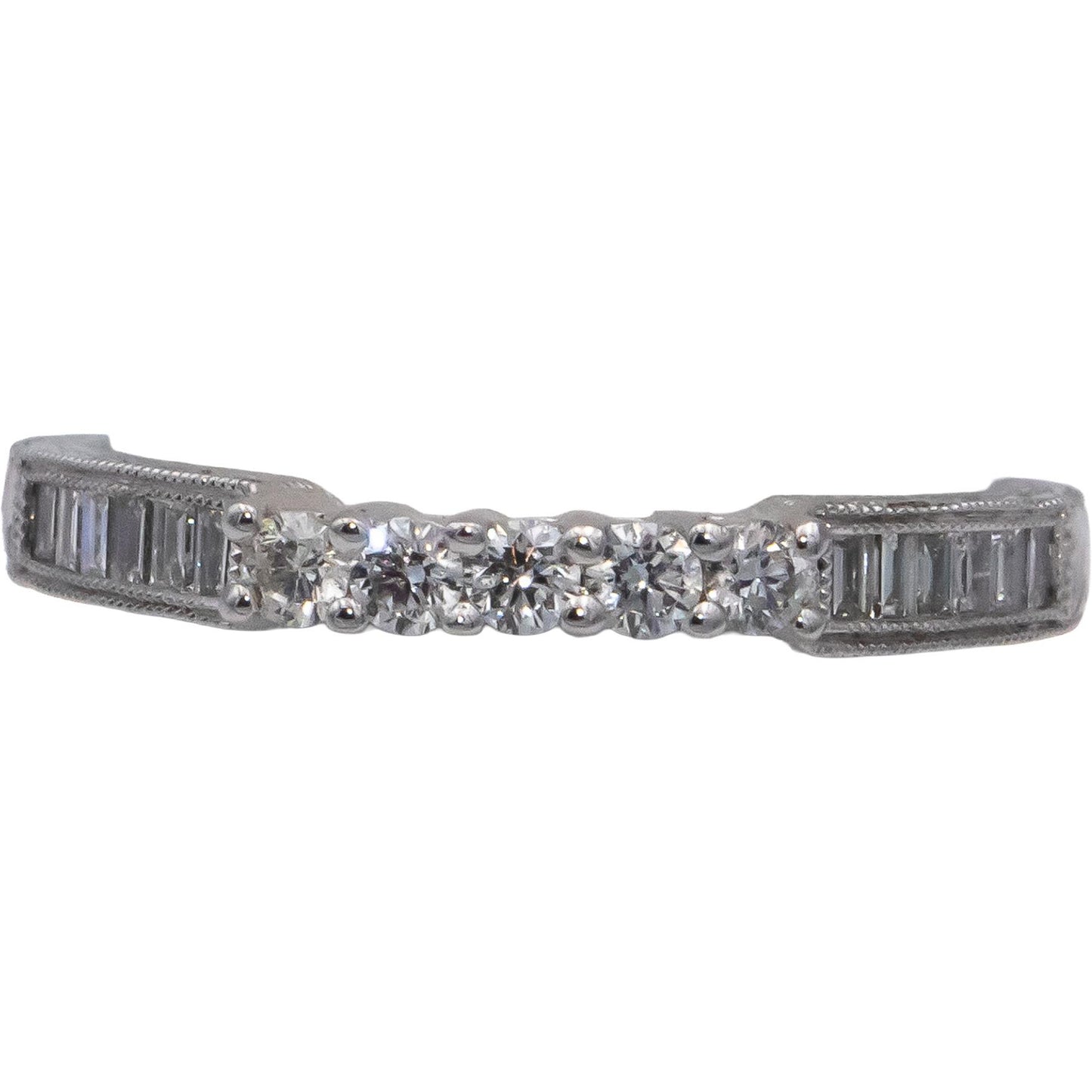 18k White Gold VS Round & Baguette Cut Diamond Band Ring 0.50CT Size 6.75