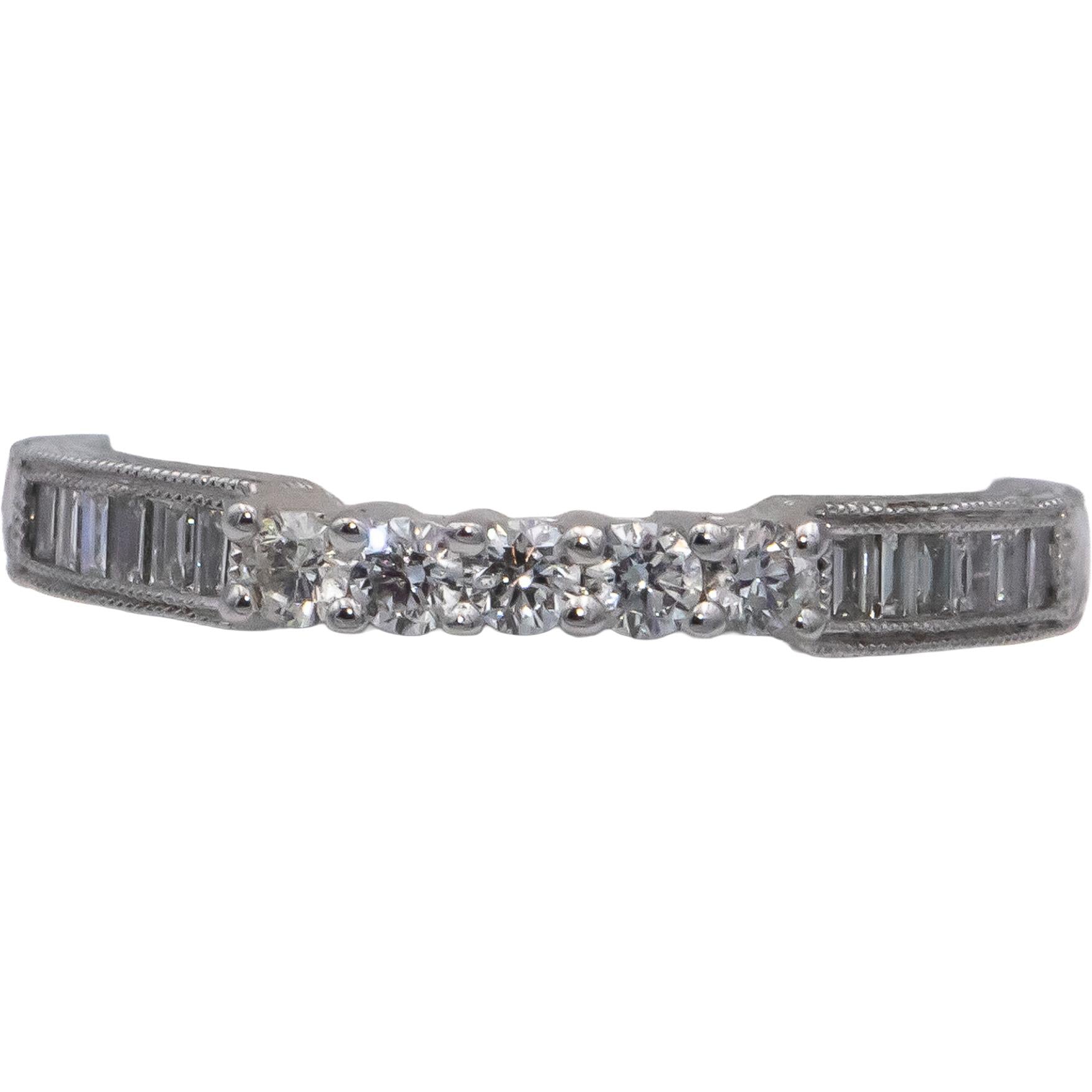 18k White Gold VS Round & Baguette Cut Diamond Band Ring 0.50CT Size 6.75