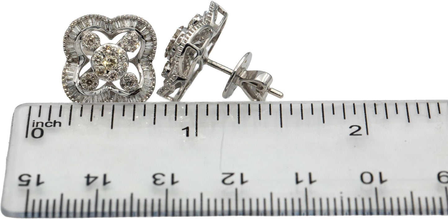 18k White Gold Round & Baguette Cut Diamond Stud Earrings 1.0CT