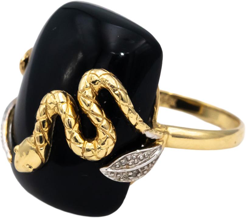 14k Yellow & White Gold Black Onyx Snake Ring w/ Diamond Accents Size 7.75