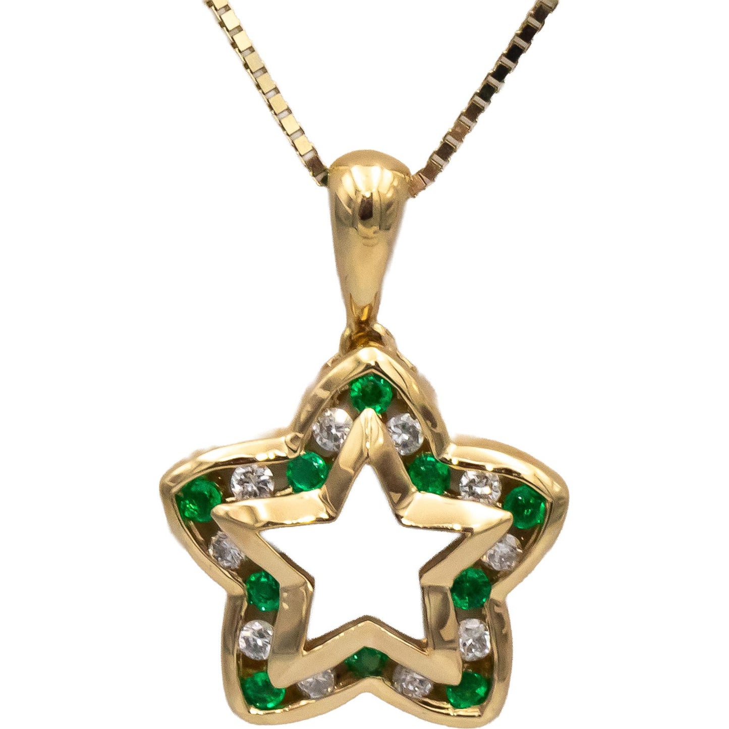 14k Yellow Gold Channel Set Emerald and Diamond Star Pendant Necklace 0.40CTW