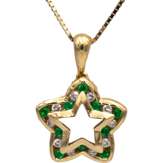 14k Yellow Gold Channel Set Emerald and Diamond Star Pendant Necklace 0.40CTW