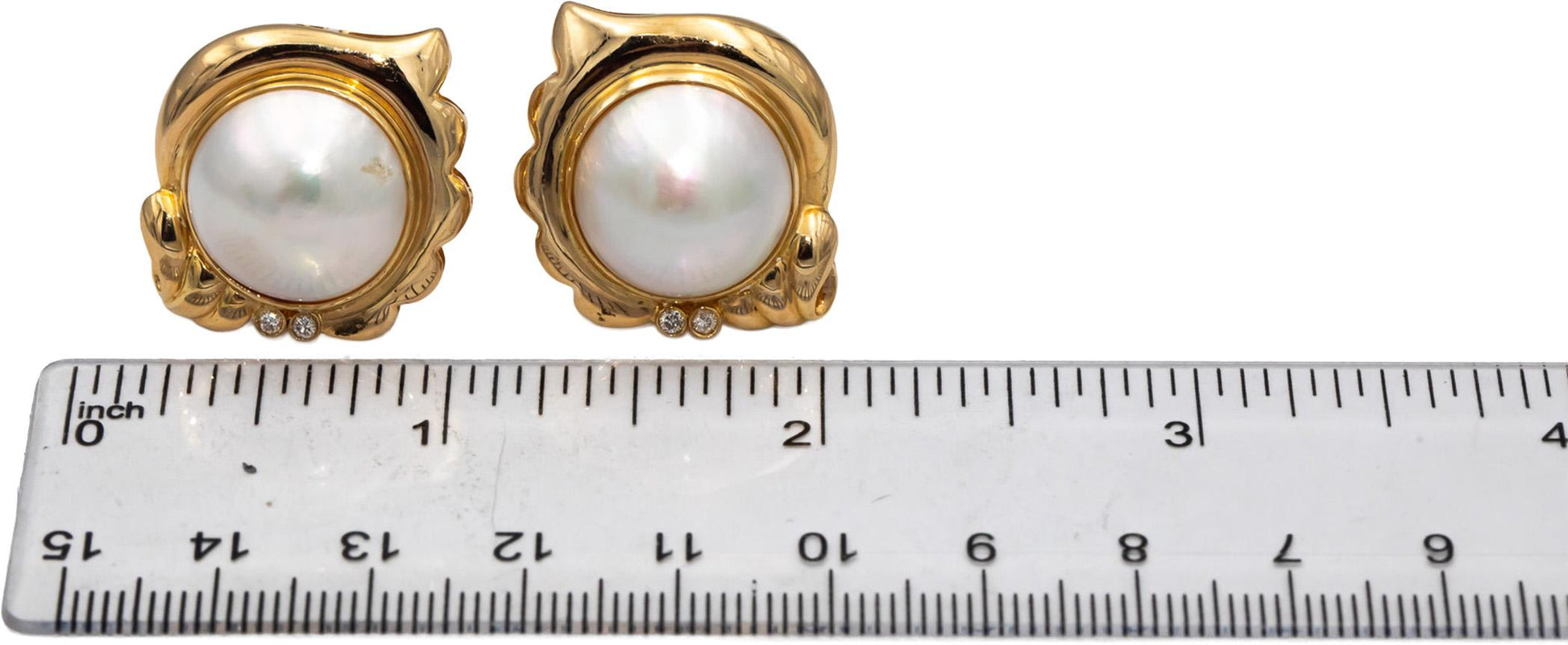 14k Yellow Gold Round Diamond and Mabe Pear Earrings 0.06CT