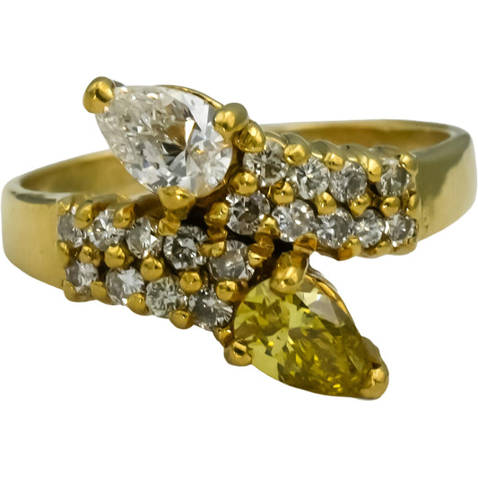 18k Yellow Gold Pear Round White & Yellow Diamond Bypass Ring 1.16CT Size 7.5