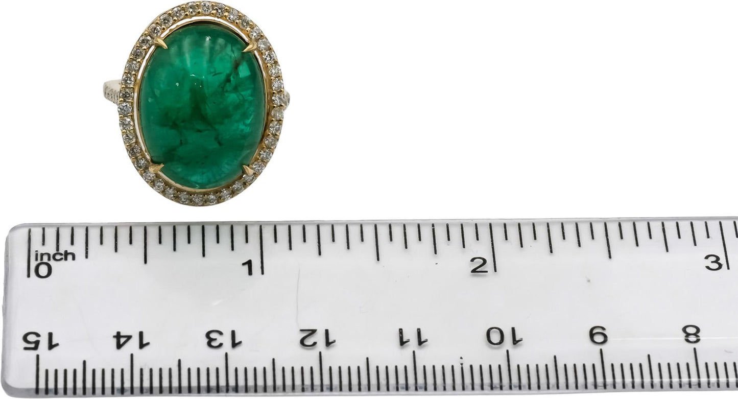 GIA Certified 14k Yellow Gold Oval Cabochon Emerald and Diamond Ring 17.01CTW