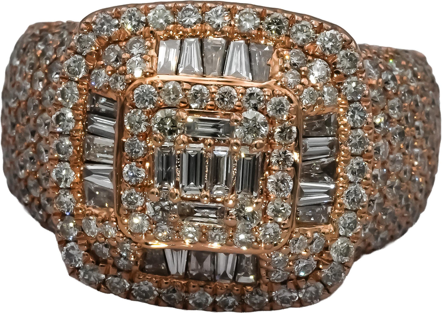 14k Rose Gold Baguette and Round Diamond Cluster Men's Ring 3.0CT Size 8