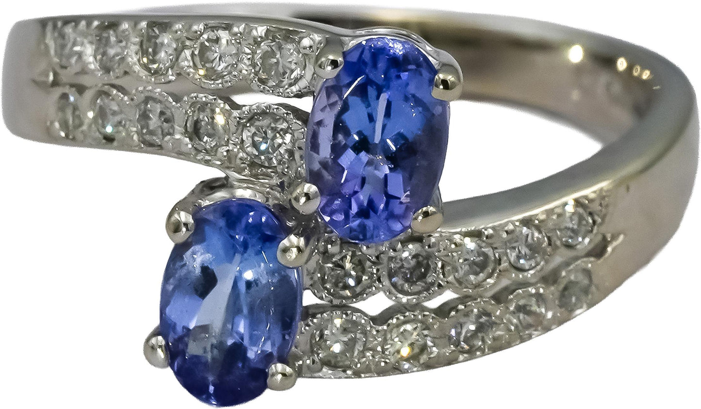 14k White Gold Diamond and Tanzanite Bypass Ring 0.70CT Size 7