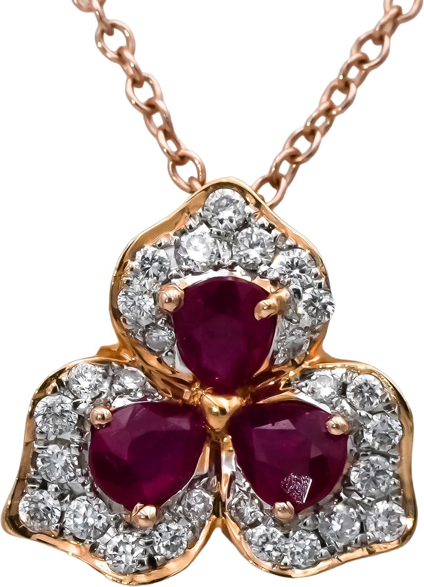 9k Rose Gold VS Diamond and Ruby Floral Pendant Necklace 0.50CT