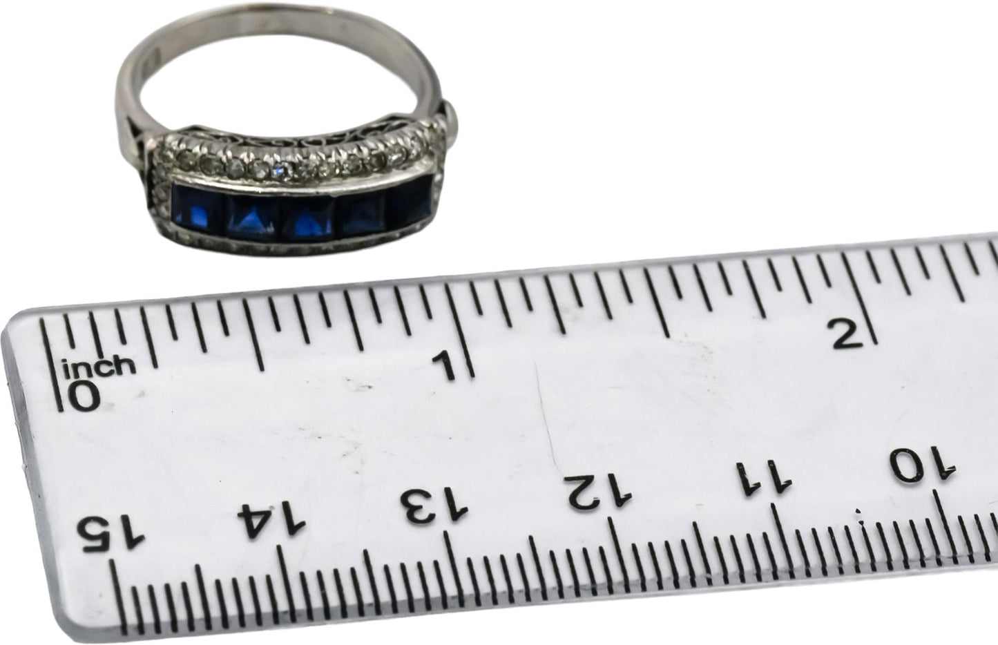 Art Deco Antique 14k White Gold Diamond & Synthetic Sapphire Ring 1.80CT Sz 8