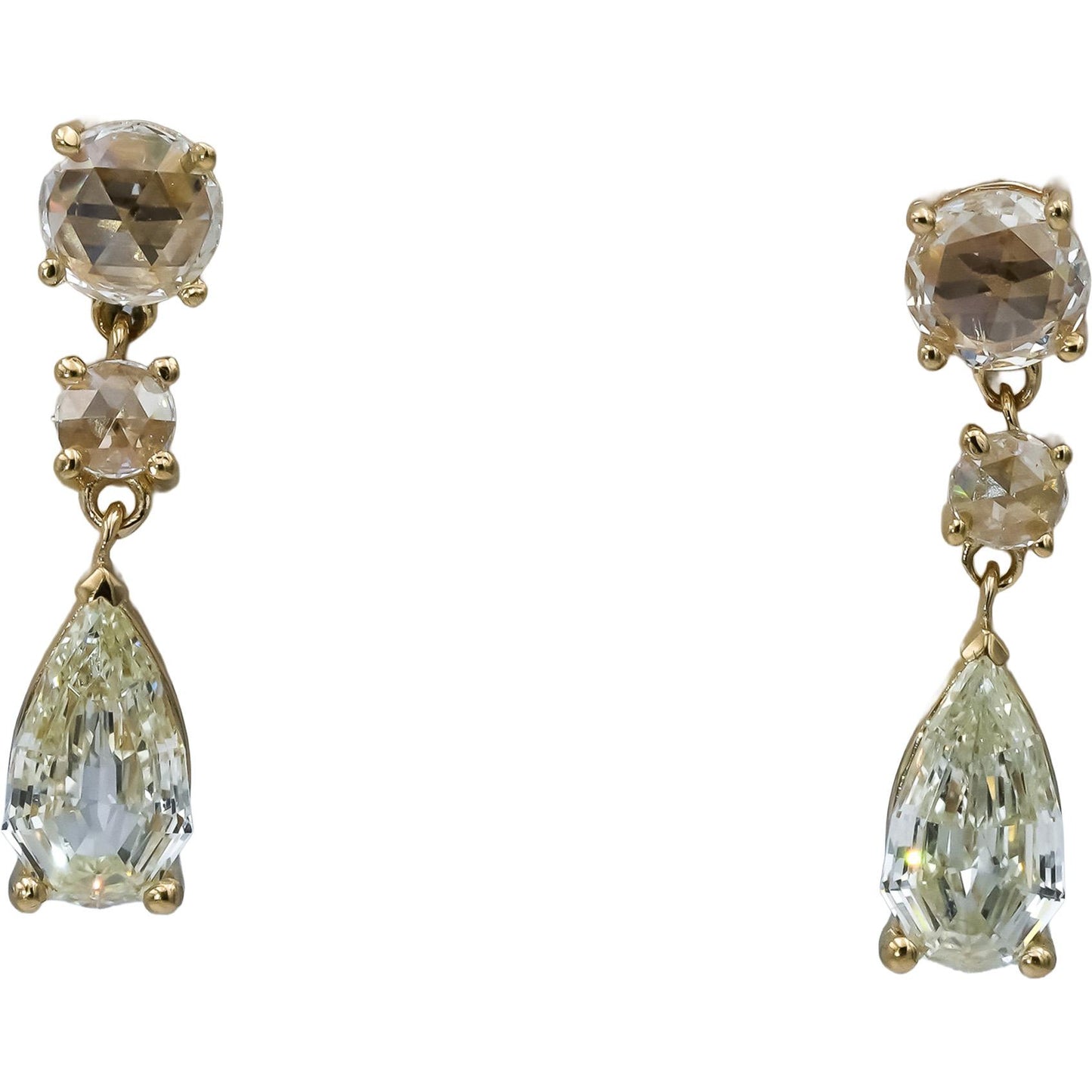 14k Yellow Gold VS Rose and Pear Step Cut Diamond Dangle Earrings 2.97CT