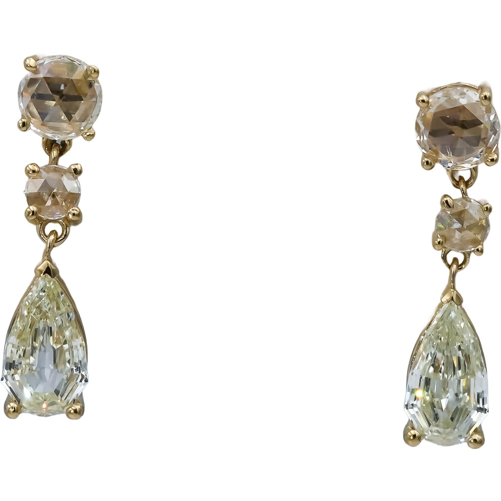 14k Yellow Gold VS Rose and Pear Step Cut Diamond Dangle Earrings 2.97CT