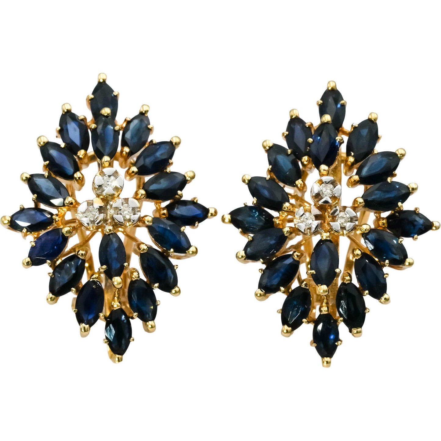 14k Yellow Gold Round Diamond and Marquise Blue Sapphire Earrings 4.56CT