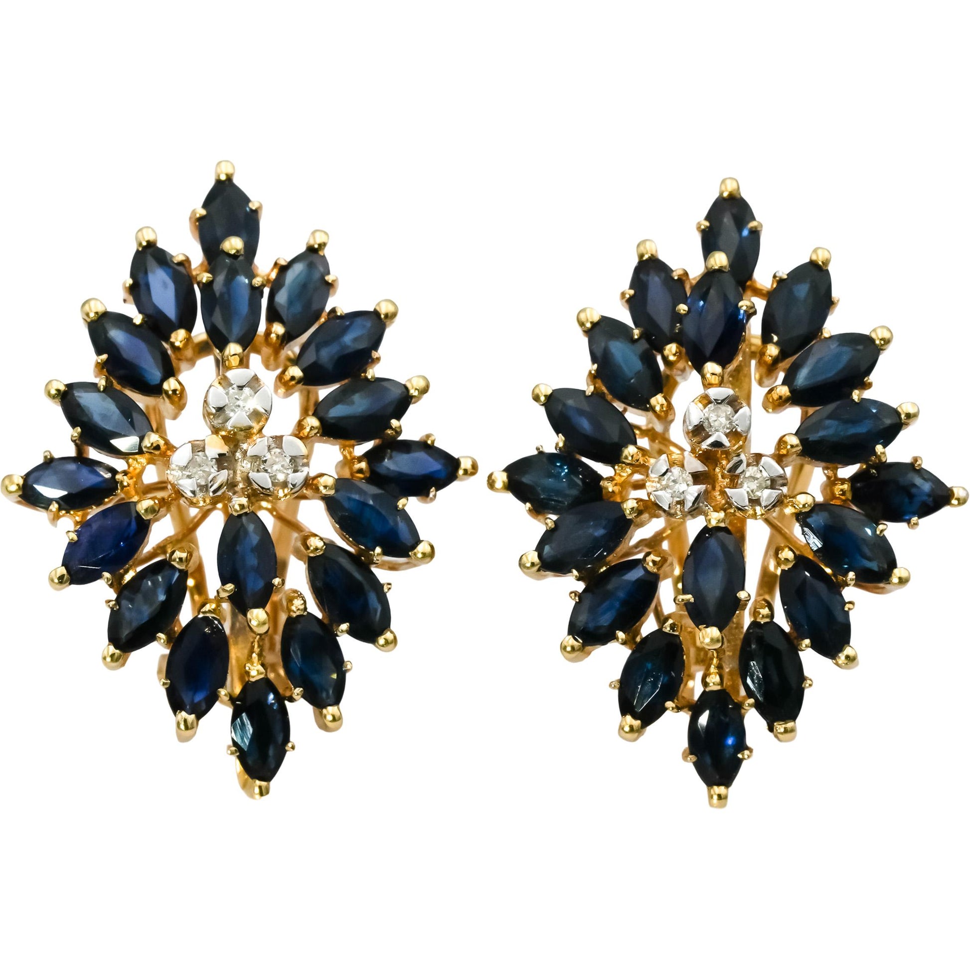 14k Yellow Gold Round Diamond and Marquise Blue Sapphire Earrings 4.56CT