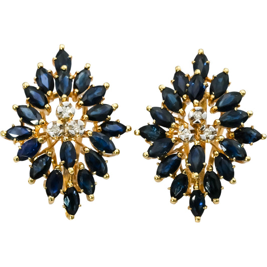 14k Yellow Gold Round Diamond and Marquise Blue Sapphire Earrings 4.56CT