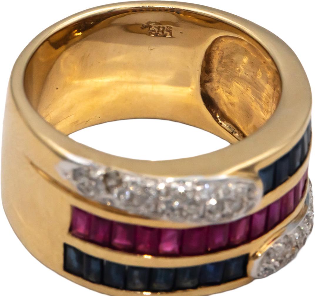 14k Yellow Gold 2.20CT Diamond Ruby Sapphire Wide Band Ring Size 8.5