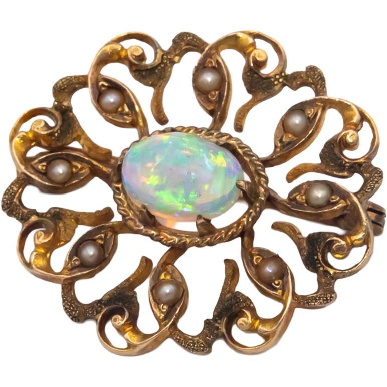 10k Yellow Gold Cabochon Opal and Seed Pearl Brooch Pin