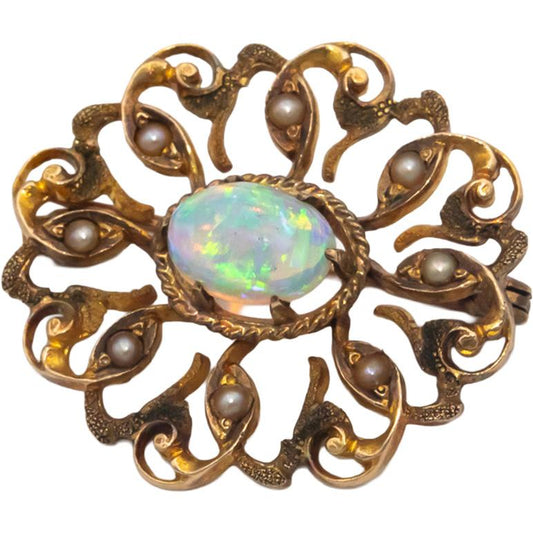 10k Yellow Gold Cabochon Opal and Seed Pearl Brooch Pin