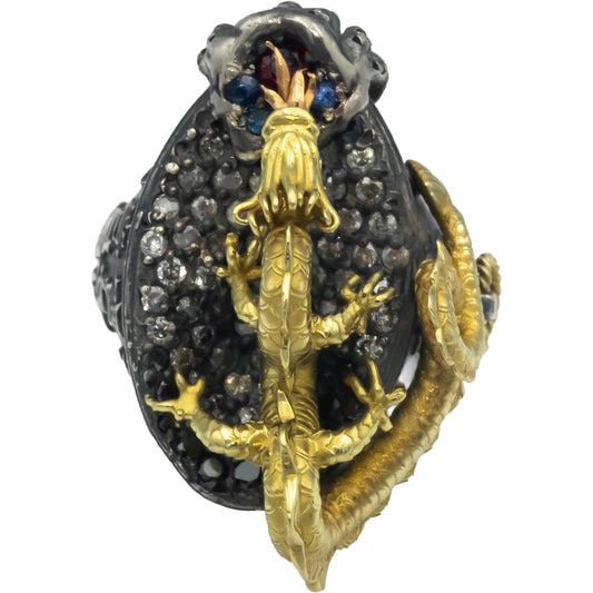 STAMBOLIAN 18k Gold Sterling Silver 1.98CT Diamond Sapphire Ruby Dragon Ring