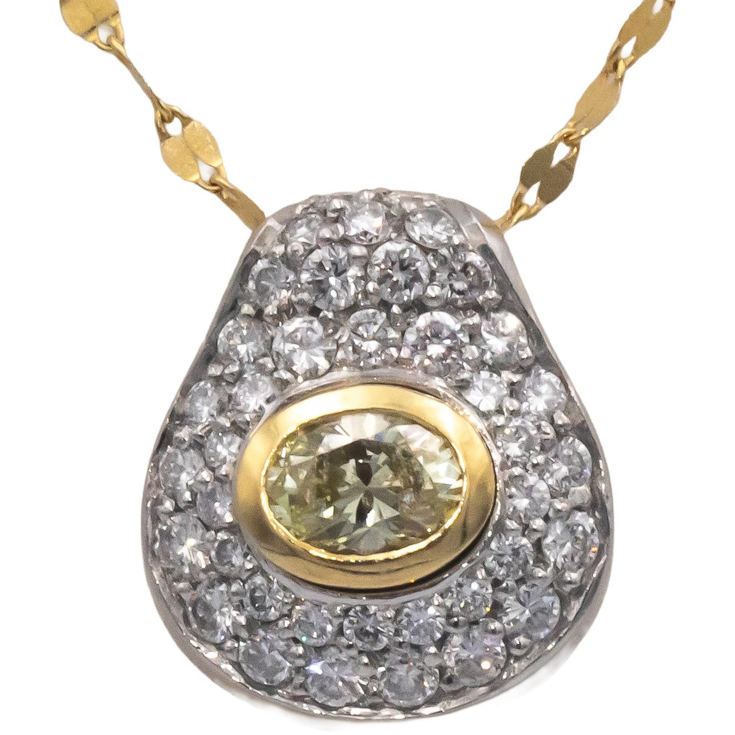 18k Gold & Platinum Diamond Pendant Necklace 1.50CT w/ 0.50CT Oval Center