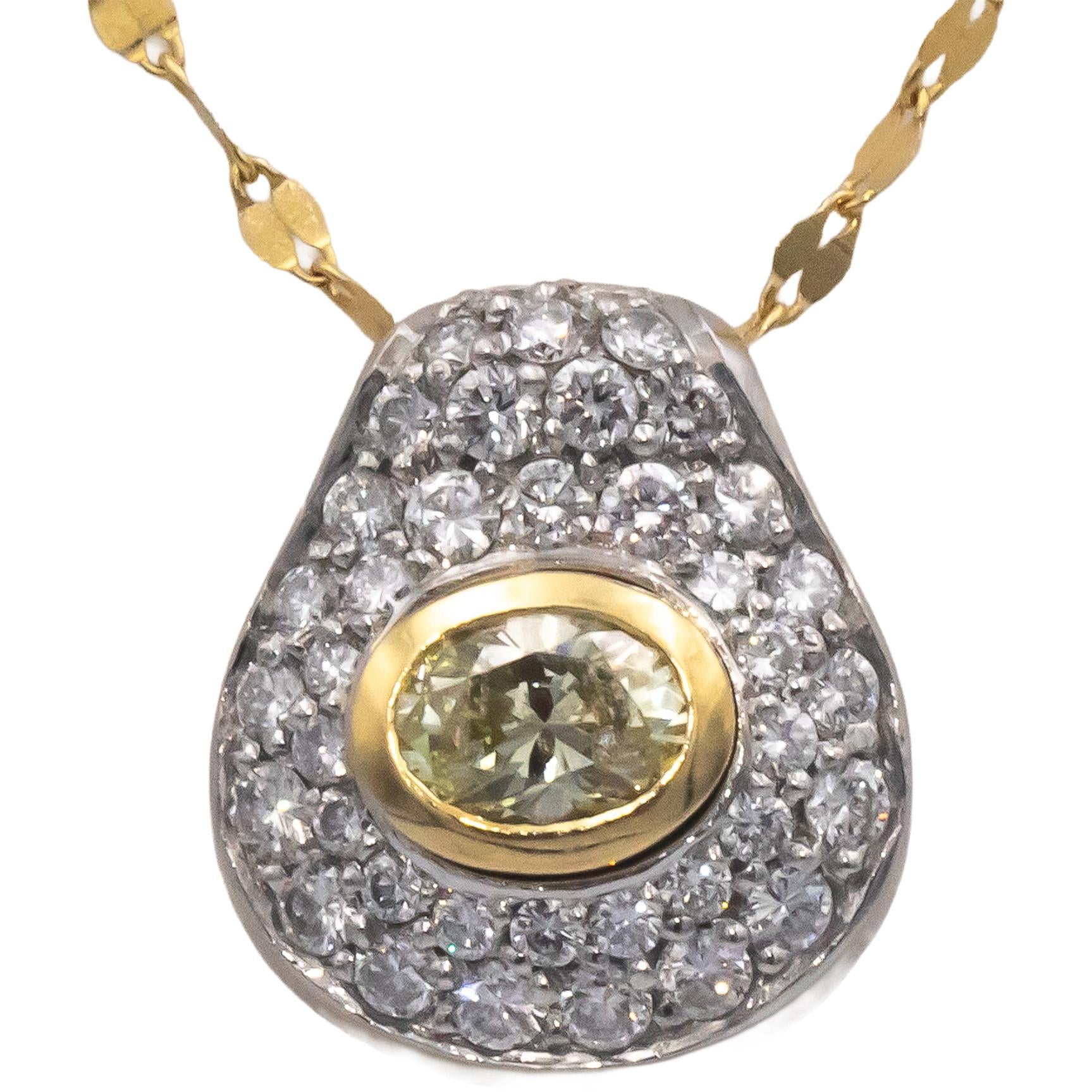 18k Gold & Platinum Diamond Pendant Necklace 1.50CT w/ 0.50CT Oval Center