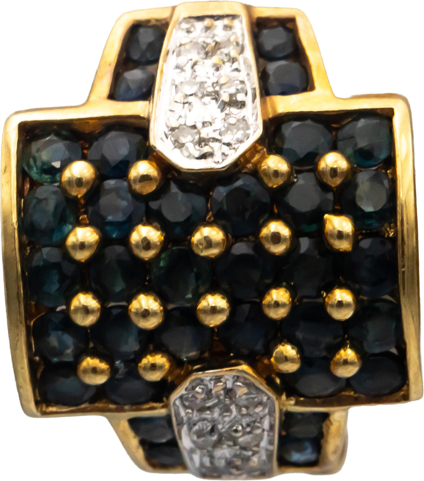 14k Yellow & White Gold Round Diamond & Blue Sapphire Cluster Earrings 2.70CT