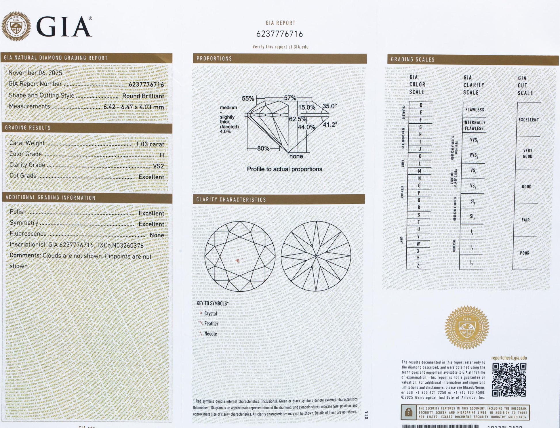 TIFFANY & CO. GIA Certified Platinum VS2/H Round Diamond Engagement Ring 1.03CT