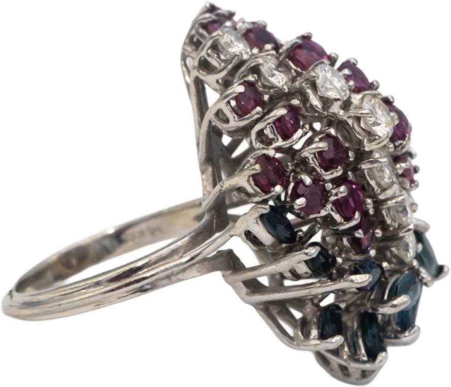 14k White Gold Diamond Ruby and Sapphire Waterfall Cocktail Ring 3.75CT Size 7.5