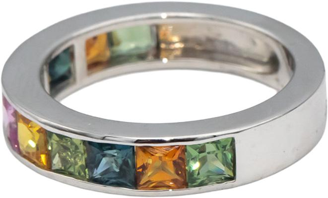 18k White Gold Square Cut Channel Set Rainbow Sapphire Band Ring 3.51CT Size 7.5