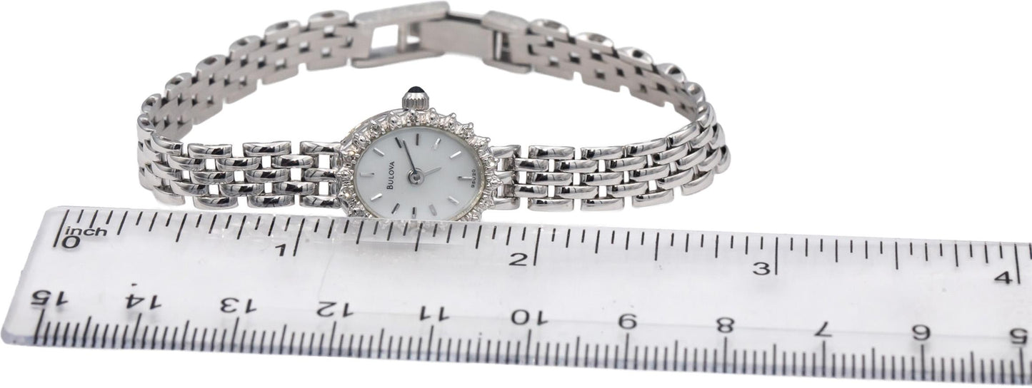 BULOVA 14k White Gold Ladies Quartz Watch w/ 10 Small Diamond Accents Box Papers