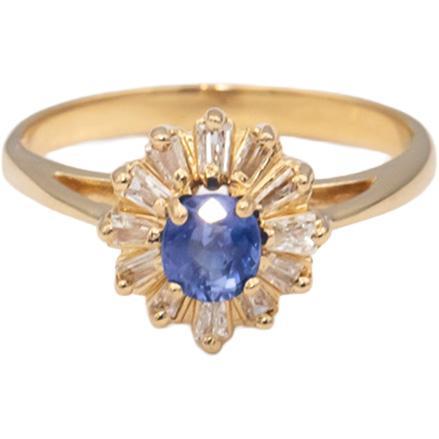 14k Yellow Gold Oval Sapphire Baguette Diamond Halo Ring 0.75CT Size 6.25