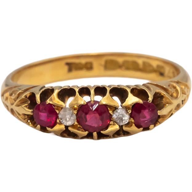 Antique Edwardian 18k Yellow Gold Diamond and Ruby Band Ring 0.26CTW Size 5.5
