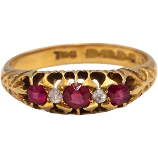 Antique Edwardian 18k Yellow Gold Diamond and Ruby Band Ring 0.26CTW Size 5.5