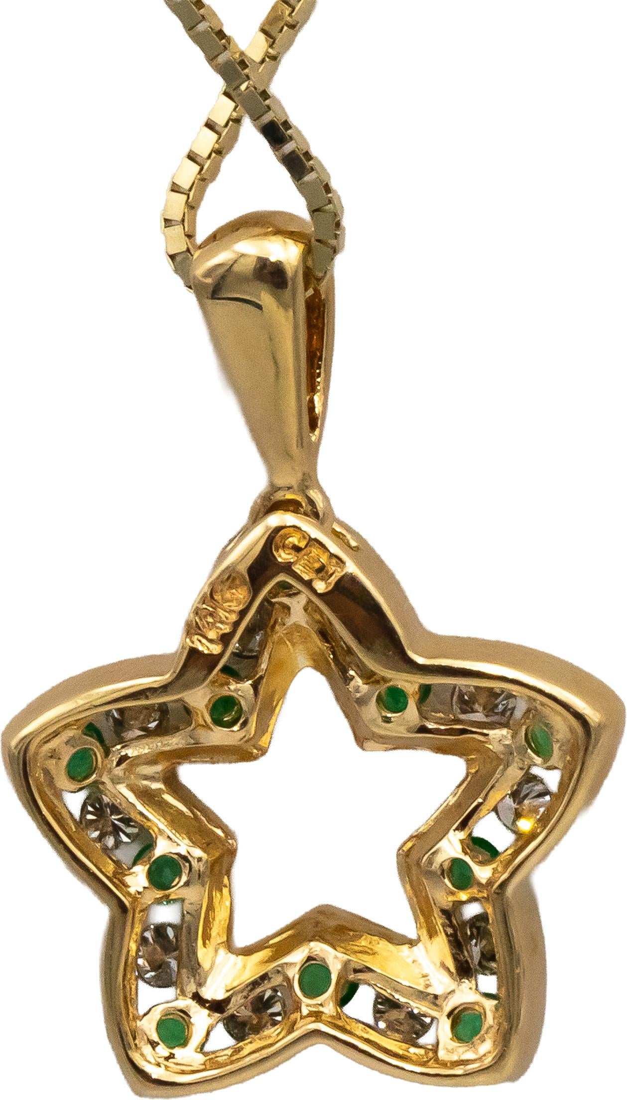 14k Yellow Gold Channel Set Emerald and Diamond Star Pendant Necklace 0.40CTW