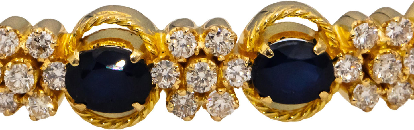 18k Yellow Gold Blue Sapphire and VS Diamond Bangle Bracelet 1.75CTW