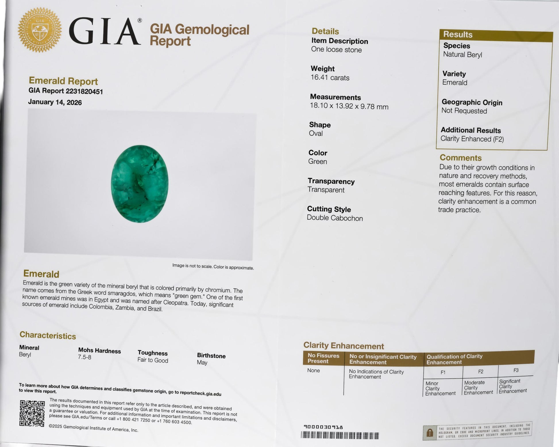 GIA Certified 14k Yellow Gold Oval Cabochon Emerald and Diamond Ring 17.01CTW