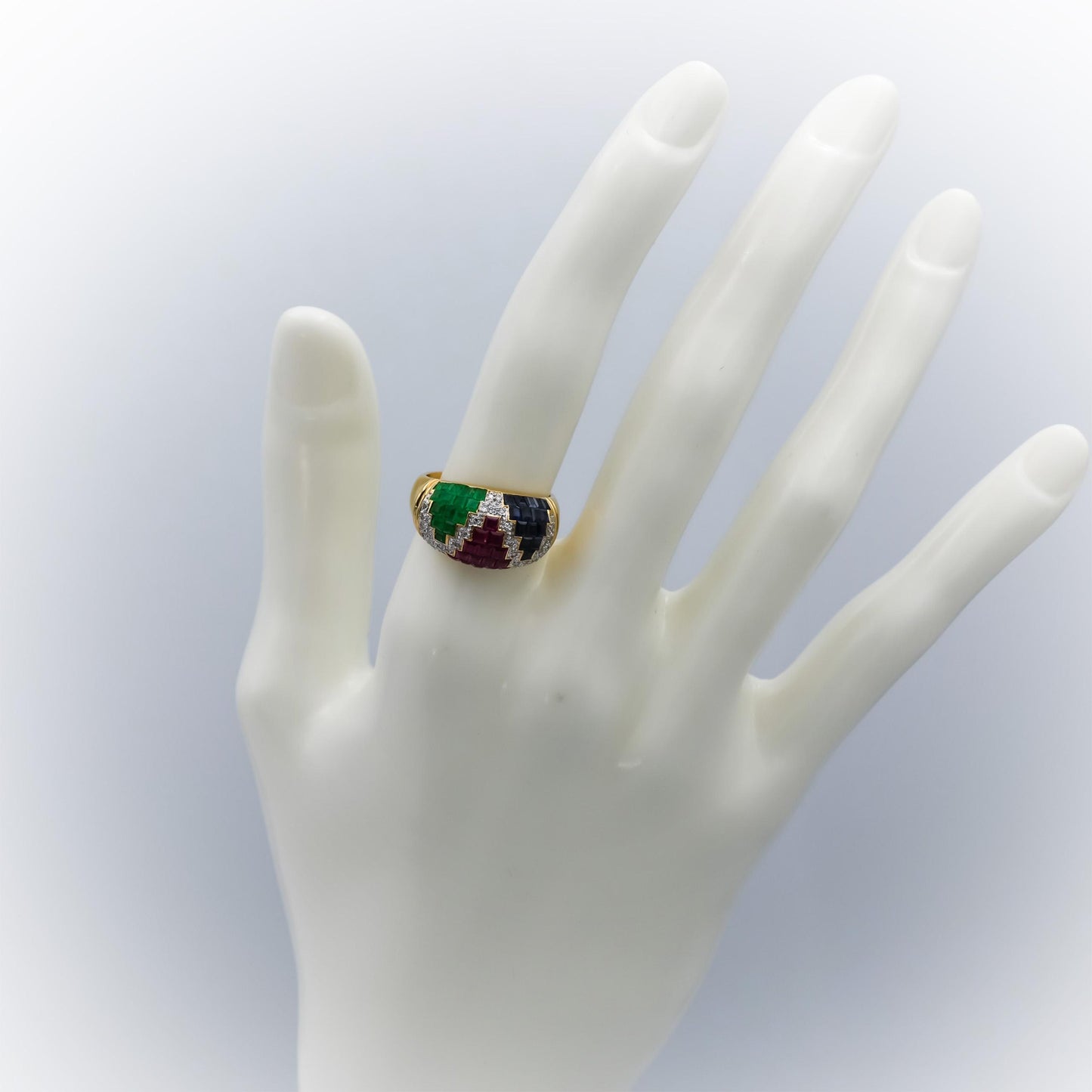 18k Yellow Gold VS Diamond Ruby Sapphire Emerald Dome Ring 4.20CT Size 6.5
